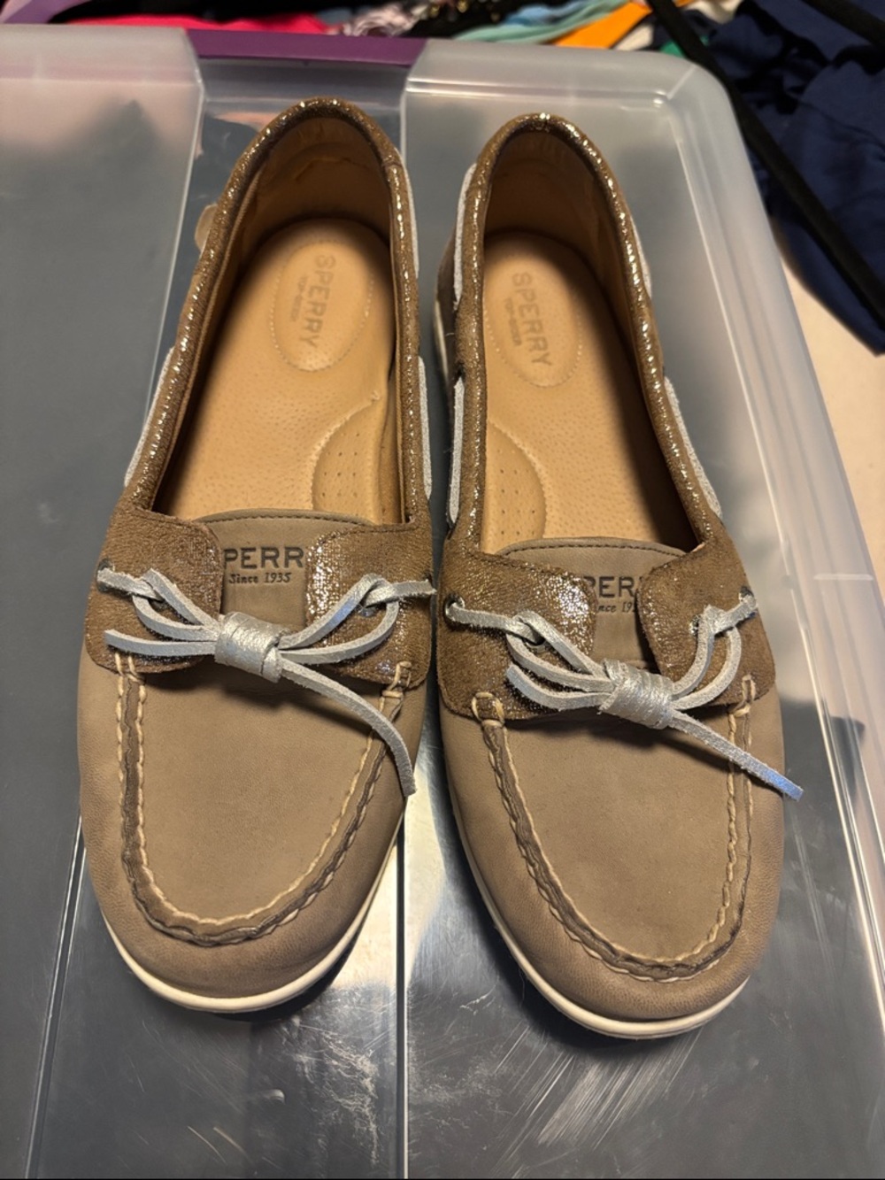Sperry Women's Taupe Suede Boat Loafers with Metallic Rose Gold Trim